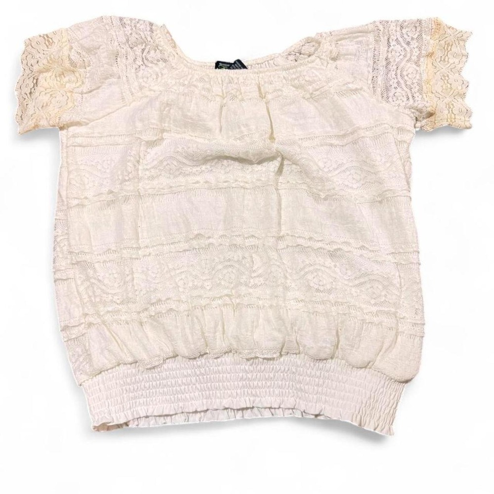 Y2K Shannon Ford NY White Lace Smocked Peasant Blouse Cottagecore Coquette L